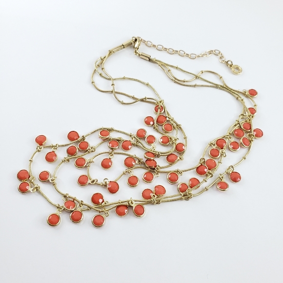 Anne Klein layer necklace gold tone orange accents 3 strands pop color - Picture 4 of 16